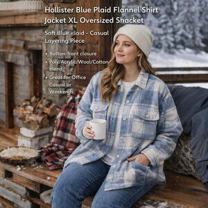 Hollister Blue Plaid Shacket Jacket Overshirt Button Front XL Cozy Cabin Casual